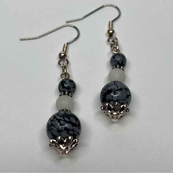 Hand Crafted Jewelry - HAND CRAFTED EARRINGS Snowflake Obsidian & Snow Quartz Beaded Dangle Drop NWT